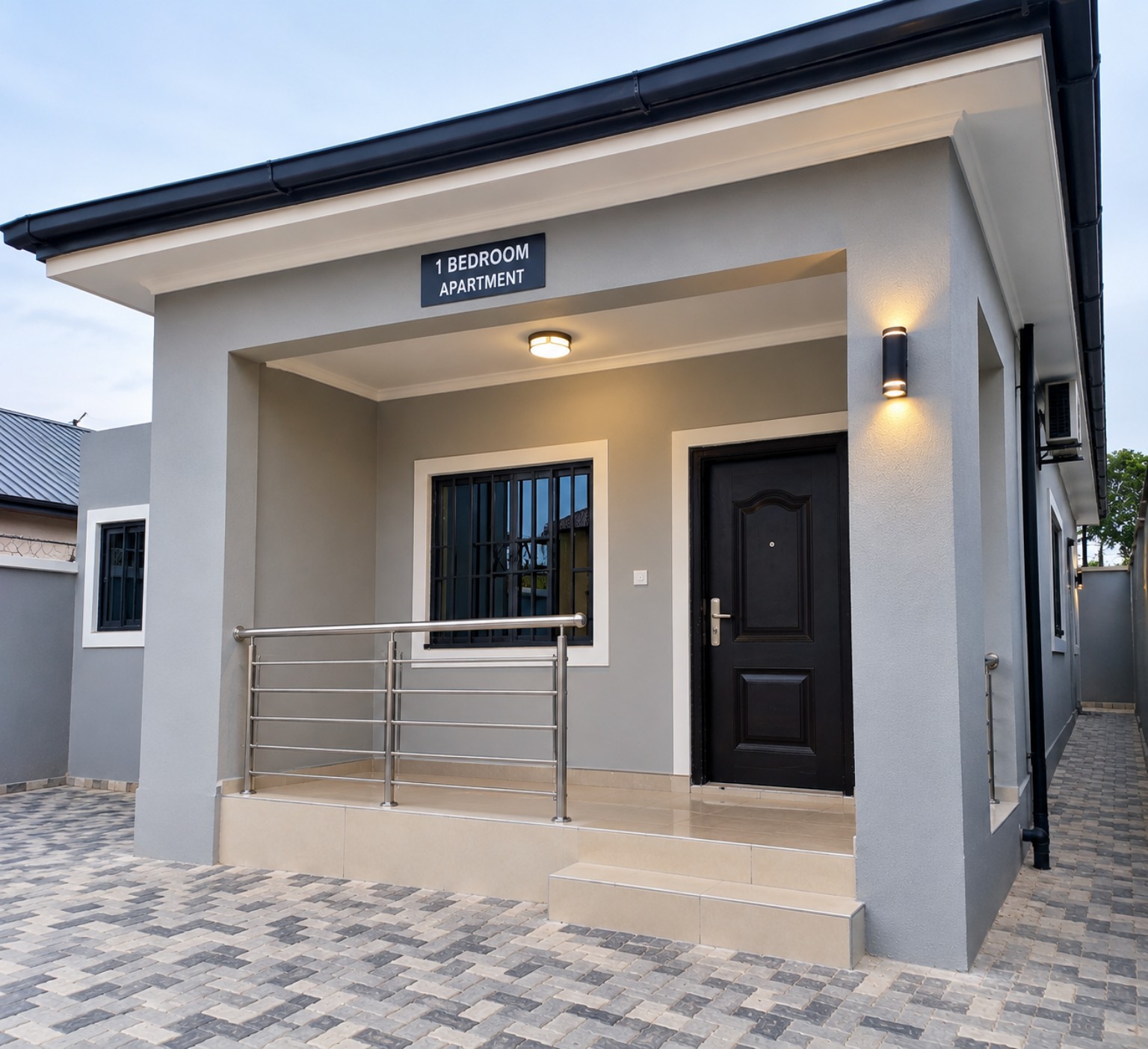 Illustrative one-bedroom apartment exterior